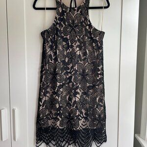 Express Black Lace Sleeveless Dress w/ Scalloped Hem & Keyhole Back